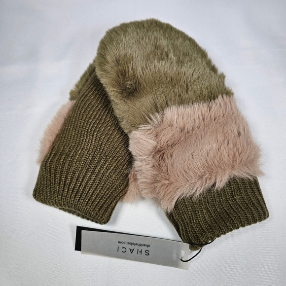 SHACI Women's Faux Fur Trim Knit Mittens Warm Winter Gloves Olive Beige NWT - Picture 3 of 4